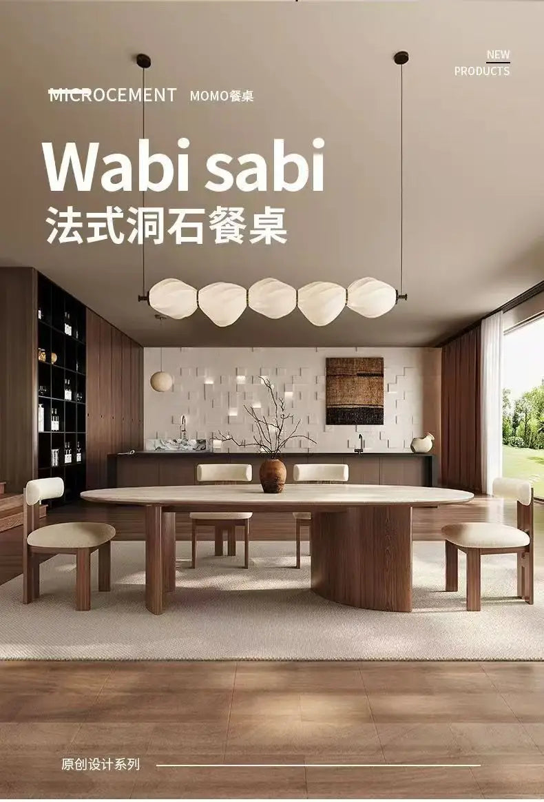 French medieval style water drop-shaped travertine rock slab dining table walnut solid wood home retro silent wind solid wood di