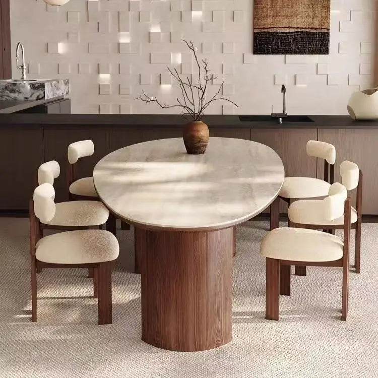 French medieval style water drop-shaped travertine rock slab dining table walnut solid wood home retro silent wind solid wood di