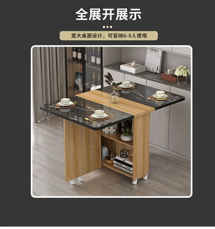 Folding dining table household multifunctional belt wheel movable rectangular restaurant dormitory dining table