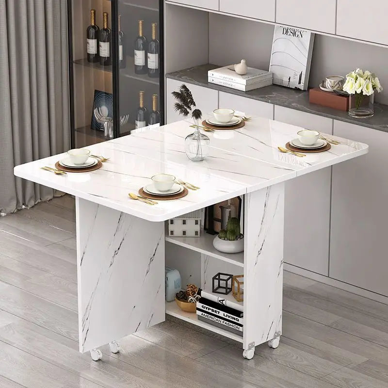 Folding dining table household multifunctional belt wheel movable rectangular restaurant dormitory dining table