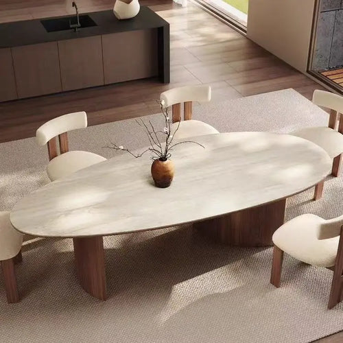 French medieval style water drop-shaped travertine rock slab dining table walnut solid wood home retro silent wind solid wood di