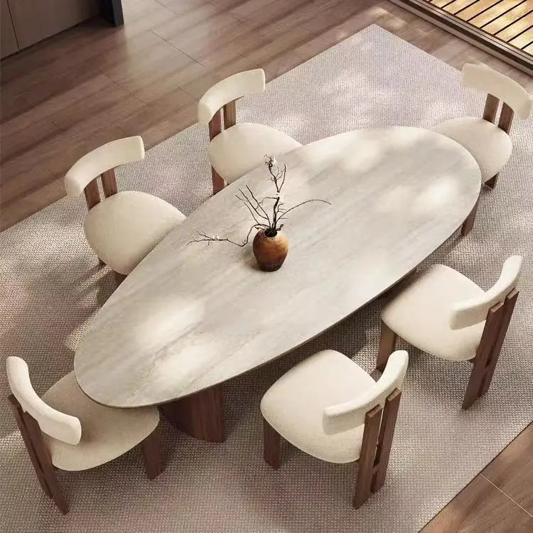 French medieval style water drop-shaped travertine rock slab dining table walnut solid wood home retro silent wind solid wood di