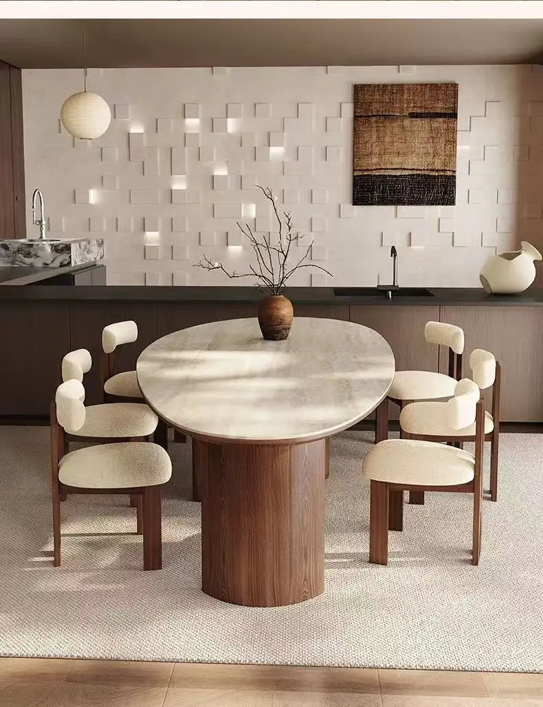 French medieval style water drop-shaped travertine rock slab dining table walnut solid wood home retro silent wind solid wood di