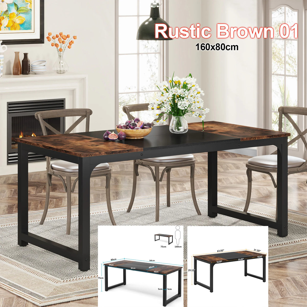 Tribesigns 63"x31.5" Dining Table, Industrial Kitchen Table for 6-8 Person, Rectangular Dinner Table for Dining Room Kitchen