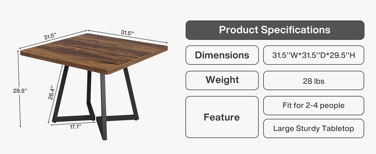 Tribesigns Square Dining Table for 4, 31.5" Industrial Dinner Table with Metal Base, Wood Kitchen Table for Dining Room