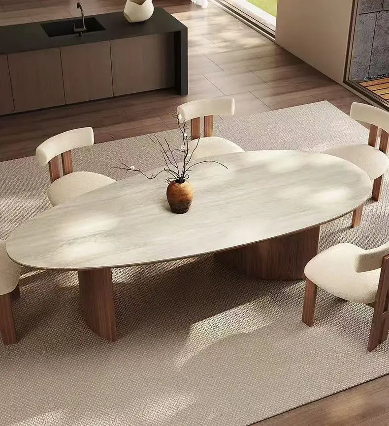 French medieval style water drop-shaped travertine rock slab dining table walnut solid wood home retro silent wind solid wood di