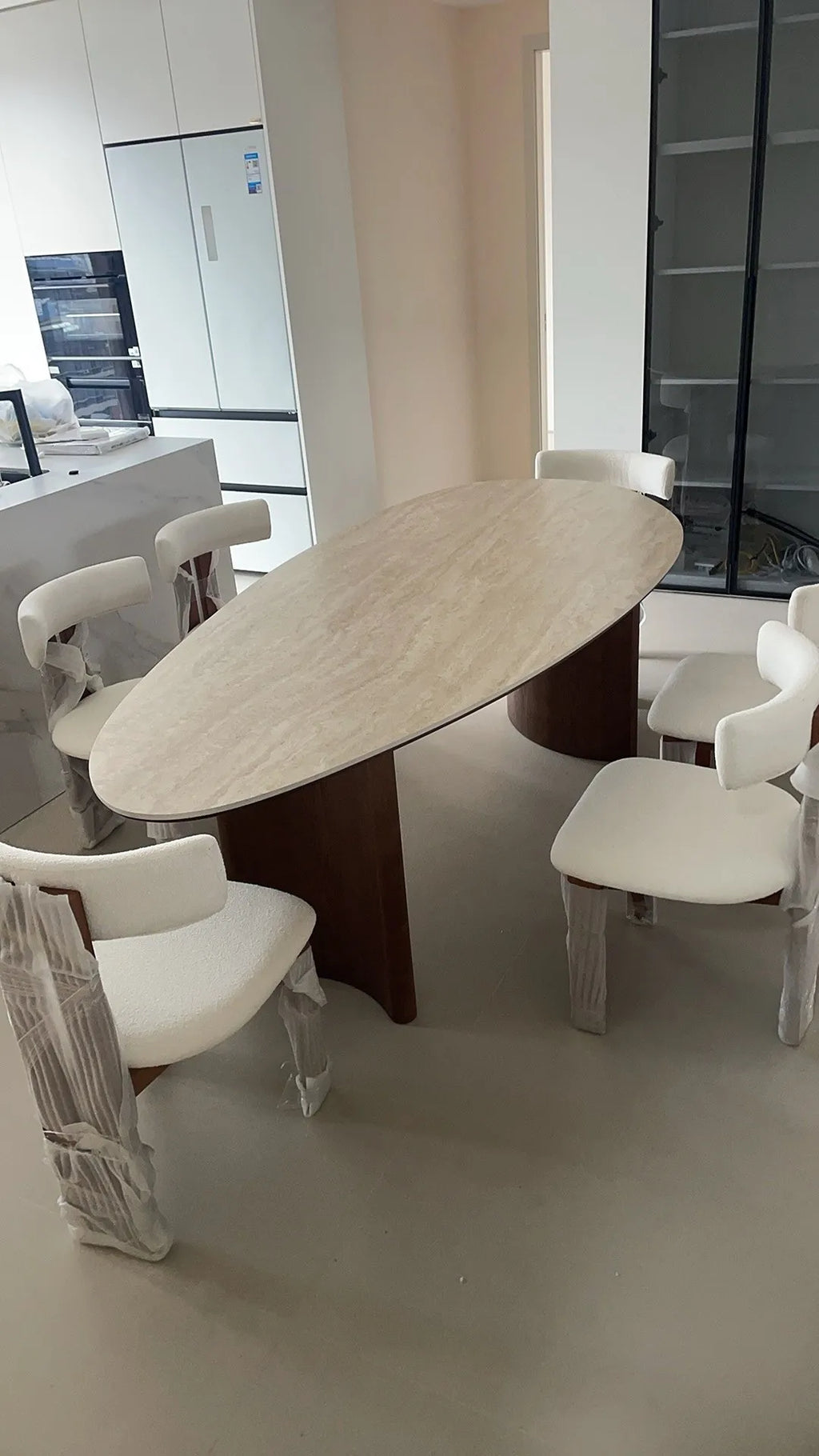 French medieval style water drop-shaped travertine rock slab dining table walnut solid wood home retro silent wind solid wood di